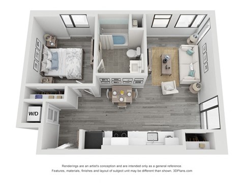 Floor plan for 1 bed, 1 bath, 643 sqft